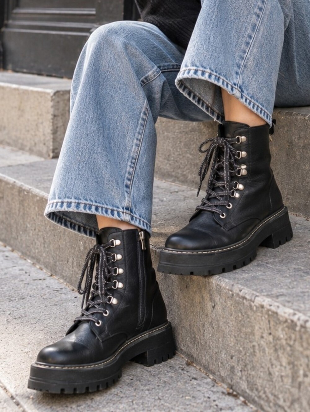 Sam Edelman Black Leather Lace-Up Combat Lug Boots Women’s Size 9.5